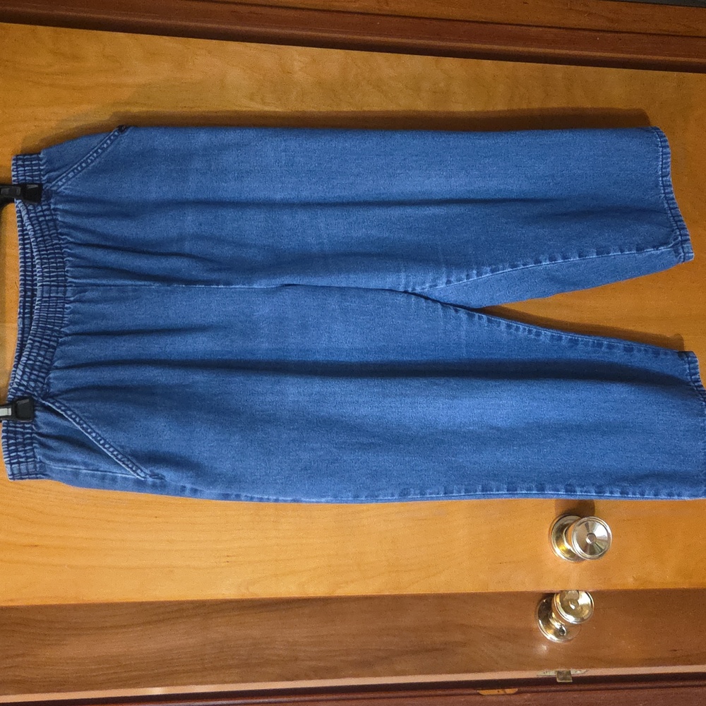 Chic Blue Denim Capri Length Elastic Waist Pants, Size 14 Average